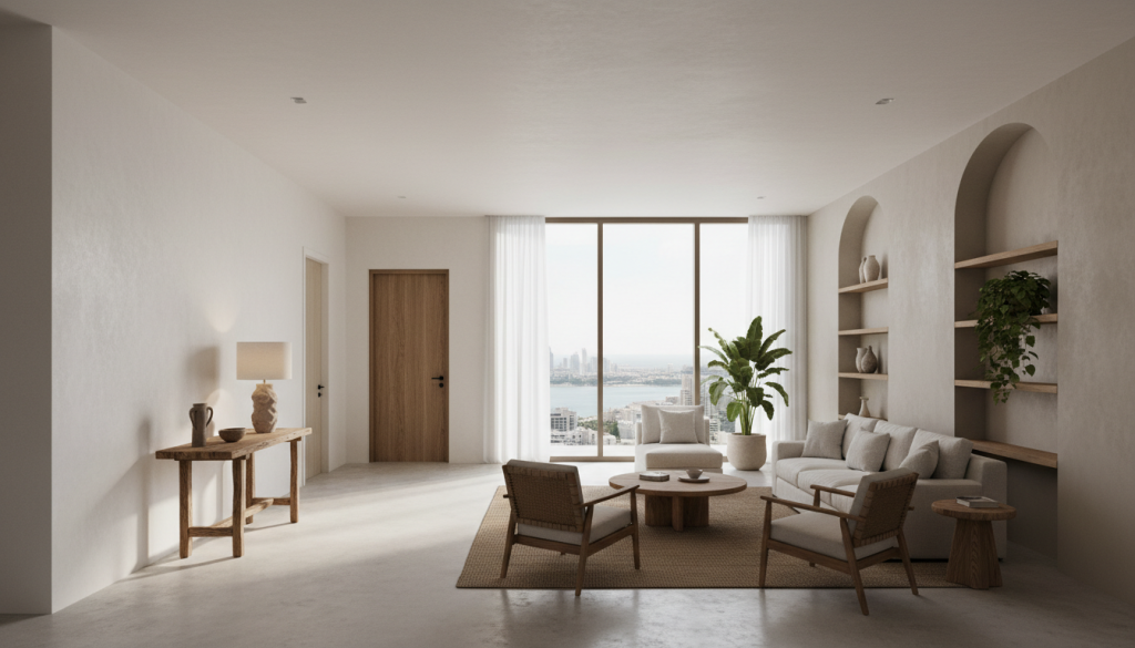 Minimalist Lahore interior with eco-friendly wall paints and soft natural lighting for a healthy living space