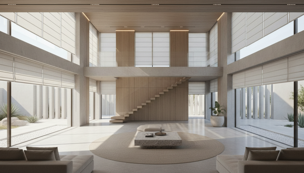 Energy-efficient Lahore villa interior showing smart layout, shading, and natural cooling-focused design