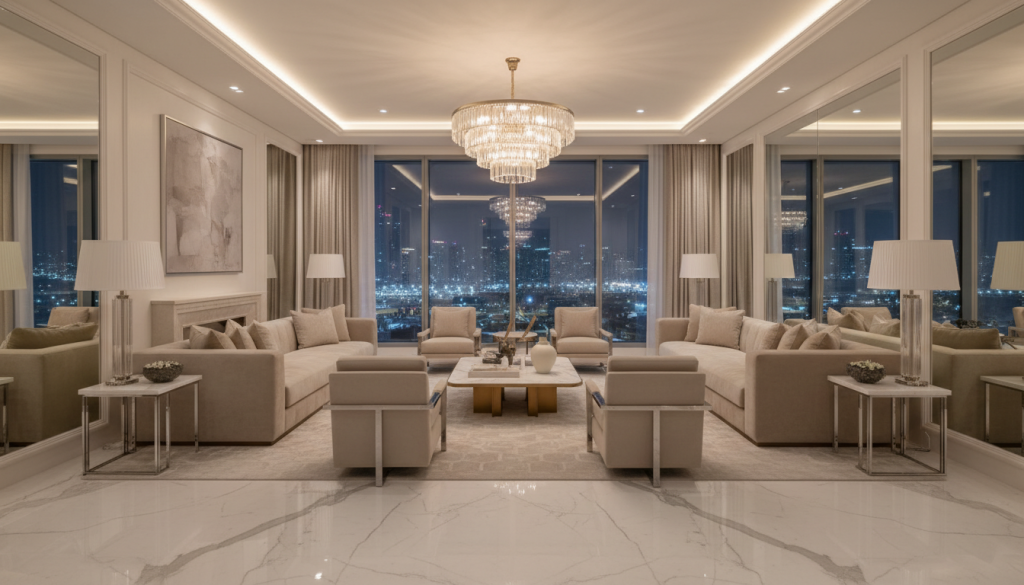 European-inspired luxury apartment interior in Dubai featuring marble floors, symmetry, and refined lighting design.
