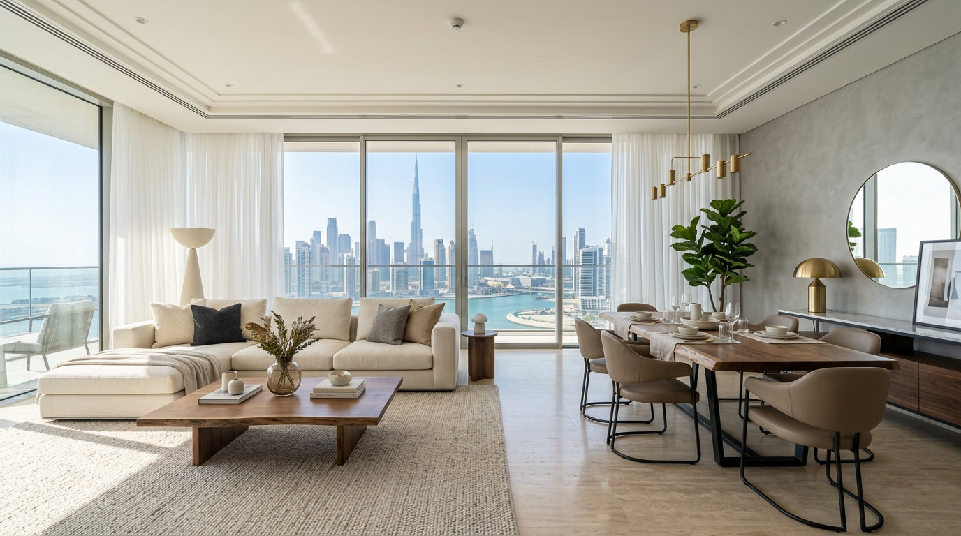 Modern Dubai interior featuring curated furniture showroom-style setup in a luxury residential living space