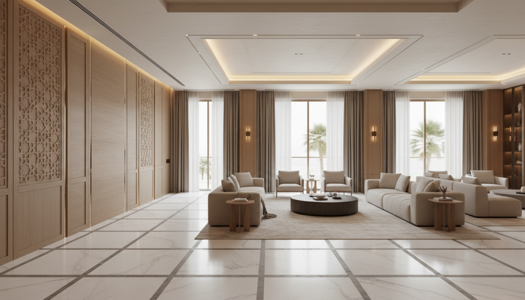 Modern Dubai villa interior blending Middle Eastern, European, and Asian design elements into a unified luxury space ,  cultural influences shape interior design