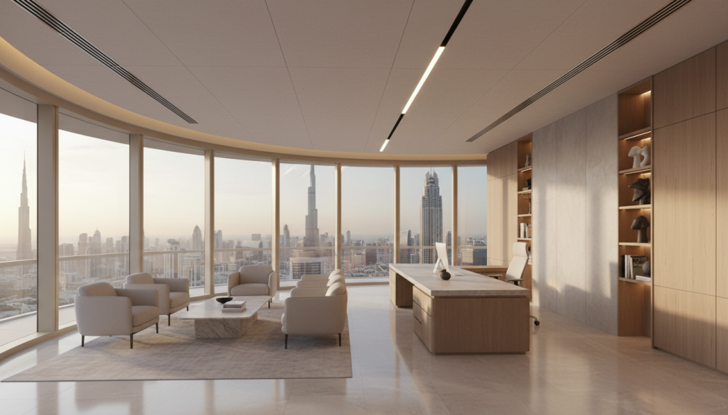 Modern high-rise office interior in Lahore with city views and premium architectural design, commercial space design techniques Lahore