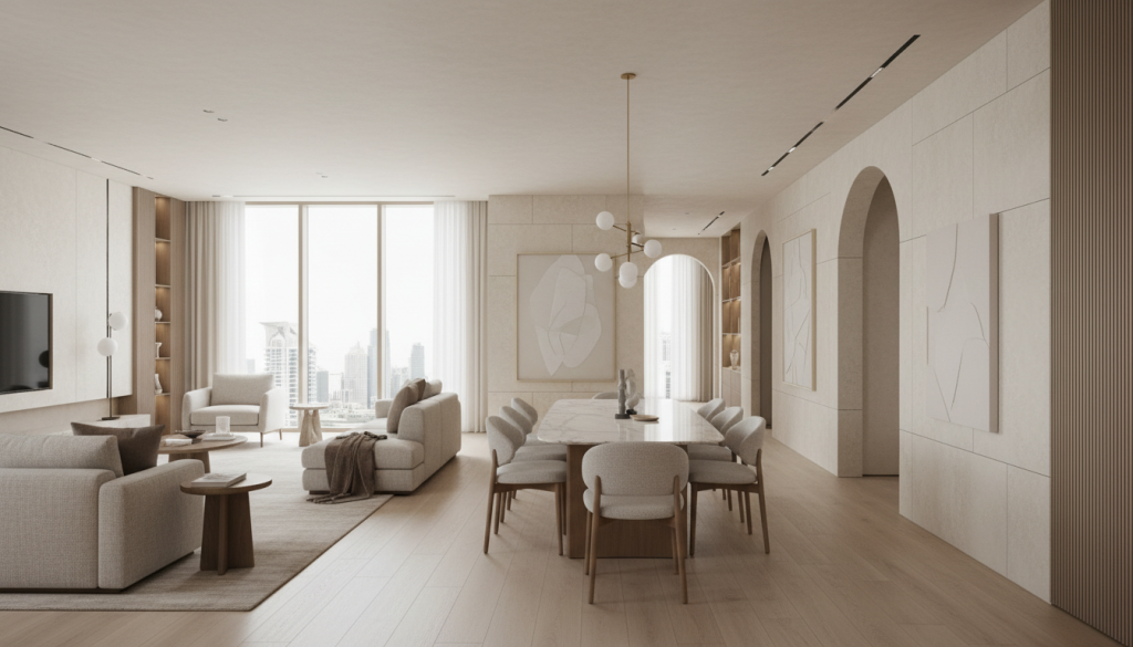 Modern Lahore home interior showing seamless color flow across open-plan spaces