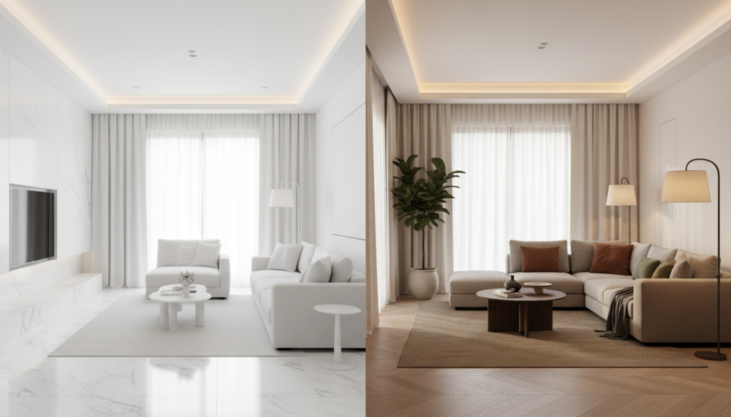 Comparison of common Lahore interior color mistakes versus balanced professional design approach