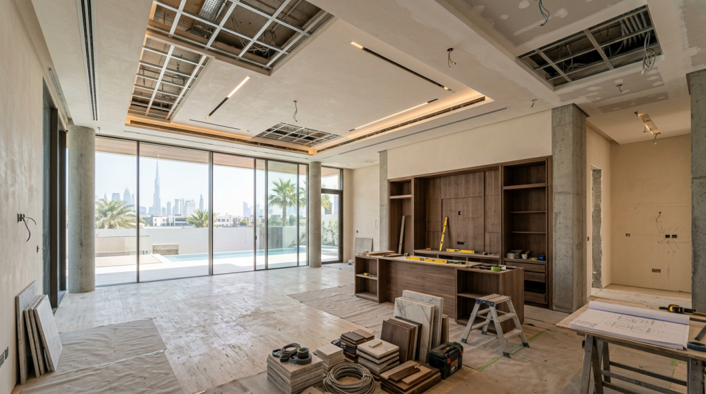 Luxury Dubai interior design project in progress showing refined construction, materials, and architectural detailing