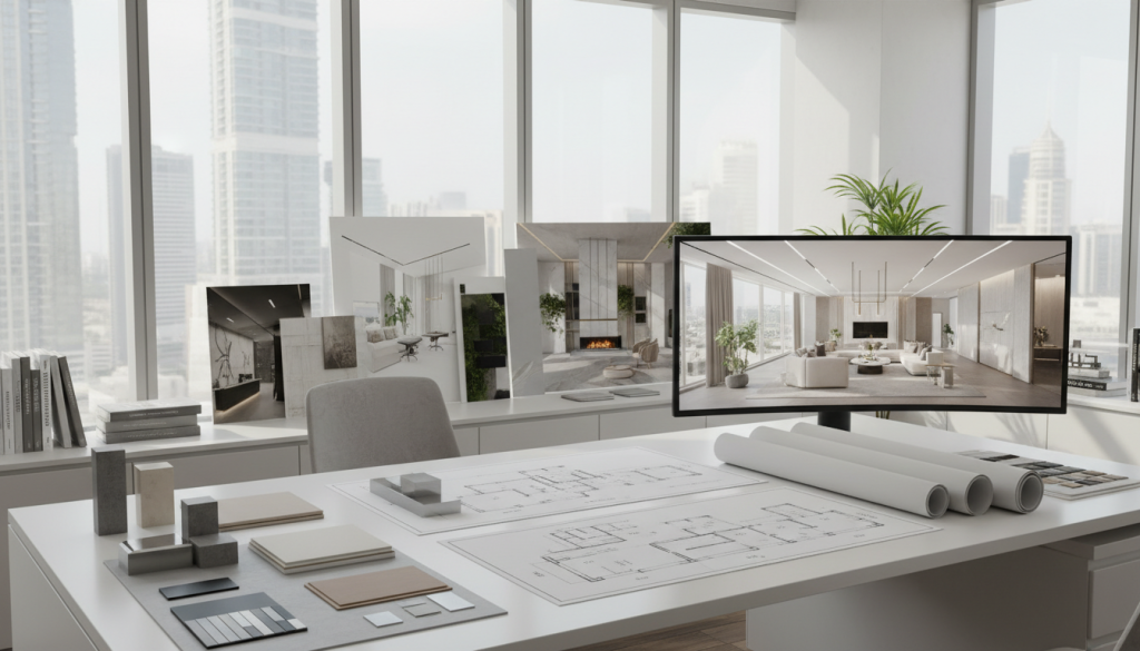 Professional interior design and build process in Dubai showing planning, materials, and 3D visualization for residential and commercial projects