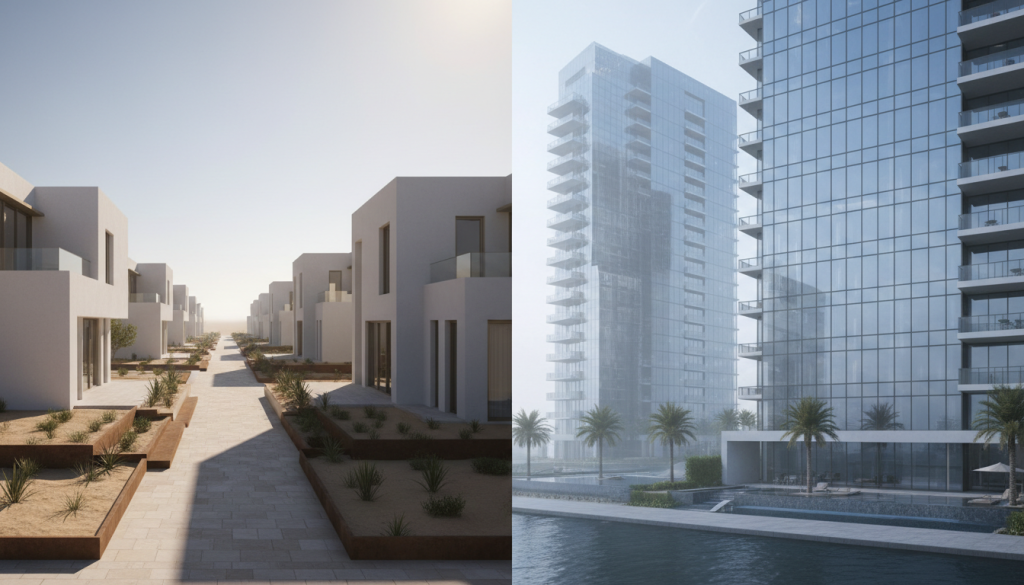 Modern Lahore residential architecture showing villas and high-rise buildings under strong sunlight, hiring an interior designer Lahore