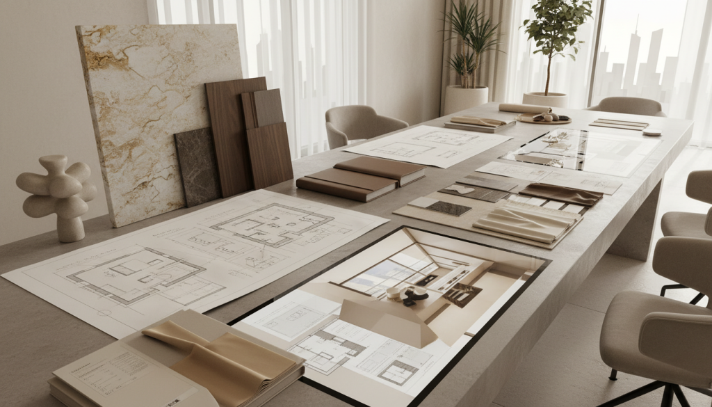 Luxury interior design planning with materials, sketches, and 3D visuals showing concept and budgeting phase