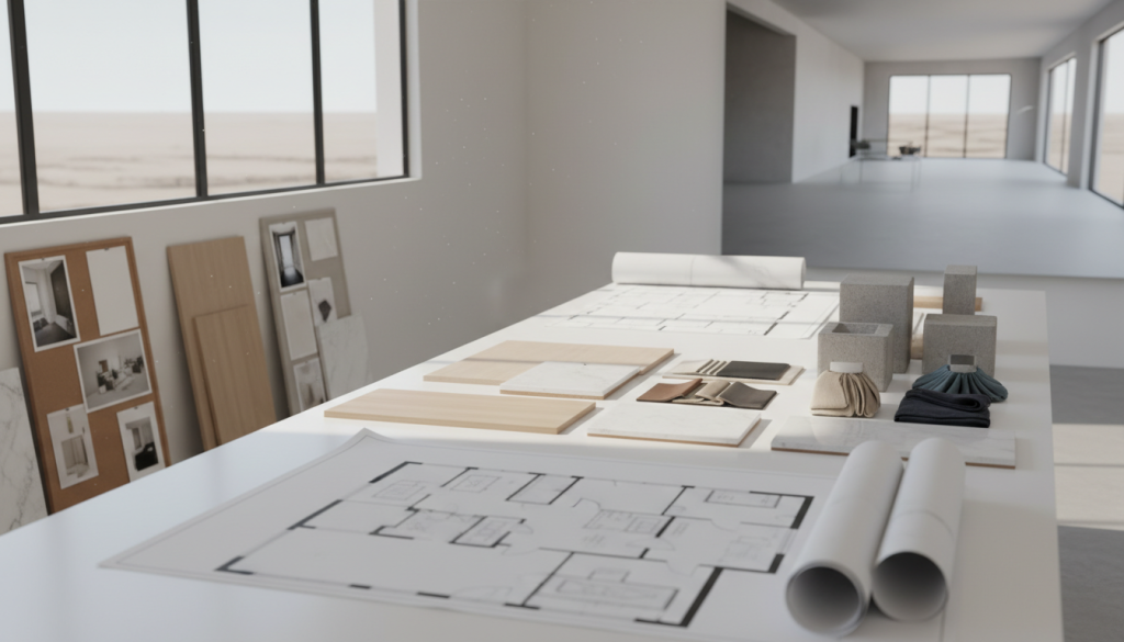 Interior design planning setup with materials and samples for a minimalist Lahore home