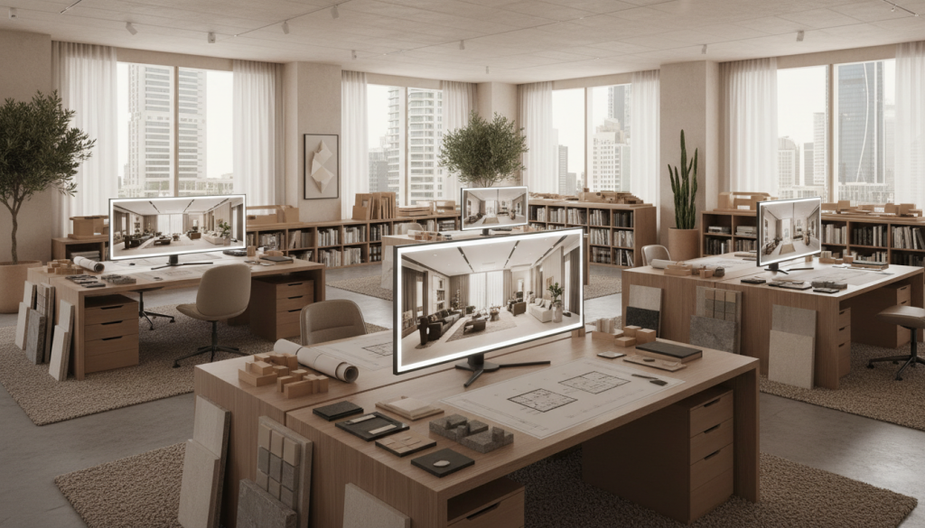 Interior design studio setup showing planning, materials, and design process influencing pricing, interior design pricing Lahore