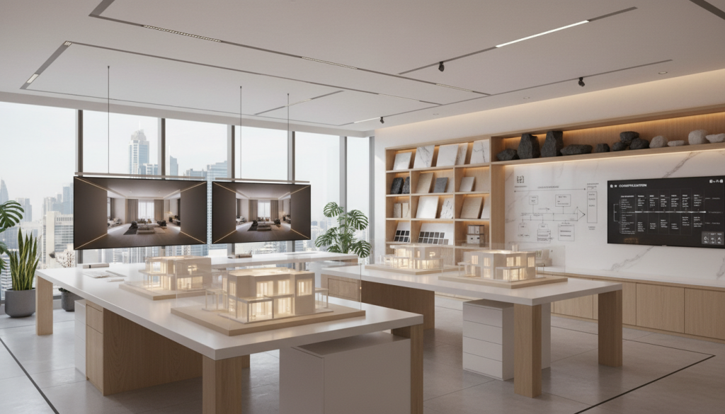 Interior design studio workspace showing energy-efficient planning with 3D models, materials, and lighting simulations
