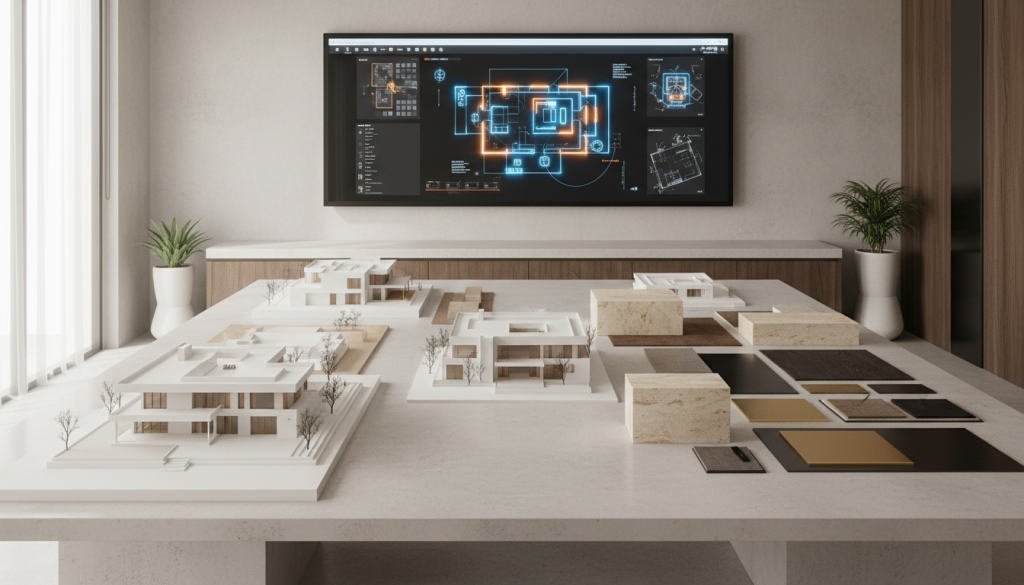 Interior design studio workspace showing Lahore luxury home planning with 3D models, material samples and process elements