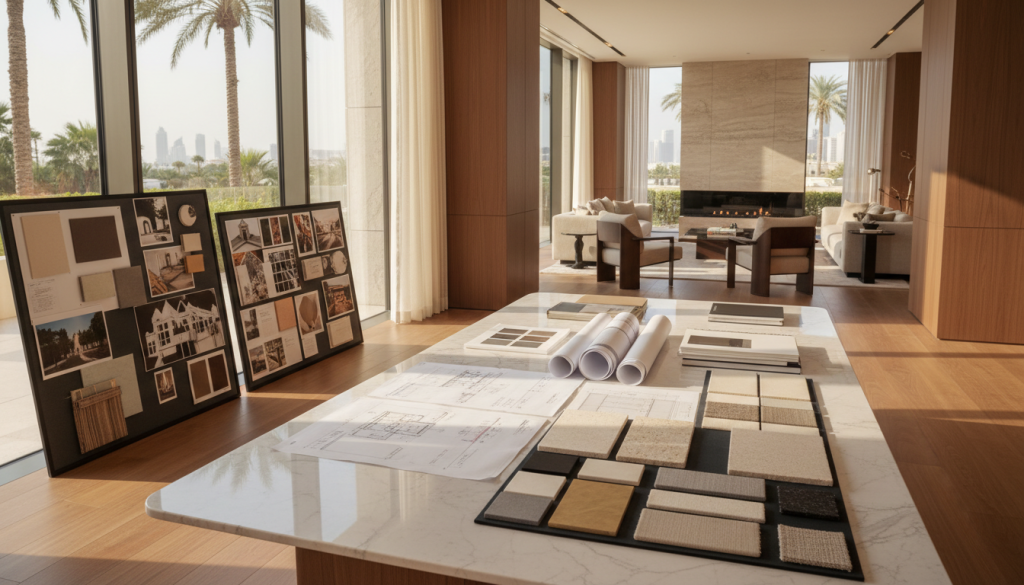 Luxury Dubai villa interior showing architectural plans and materials representing interior design project timeline planning