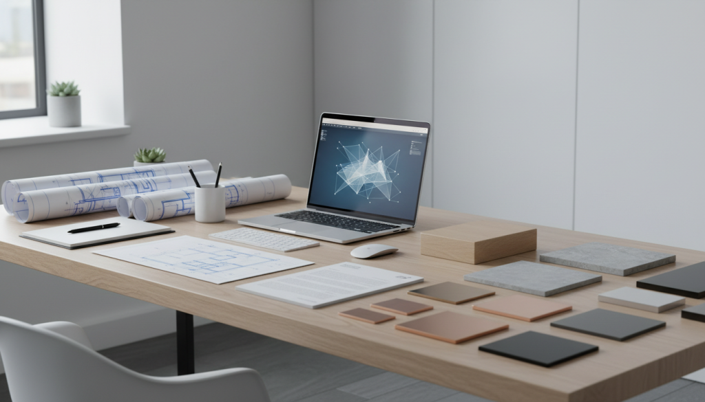 Architect workspace with drawings and material samples showing how to verify an interior designer in Lahore