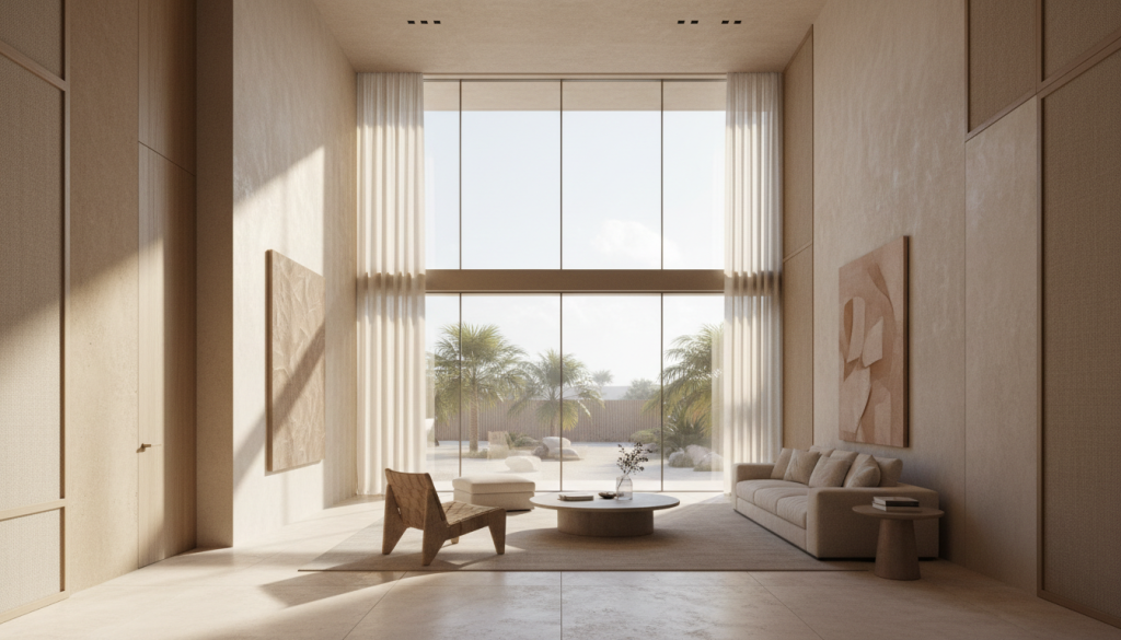Lahore villa interior showing how natural sunlight affects warm neutral wall colors and spatial mood, color palette trends