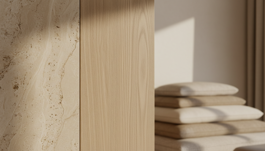Close-up of Lahore luxury interior materials with stone, oak wood and neutral textures in a minimal design