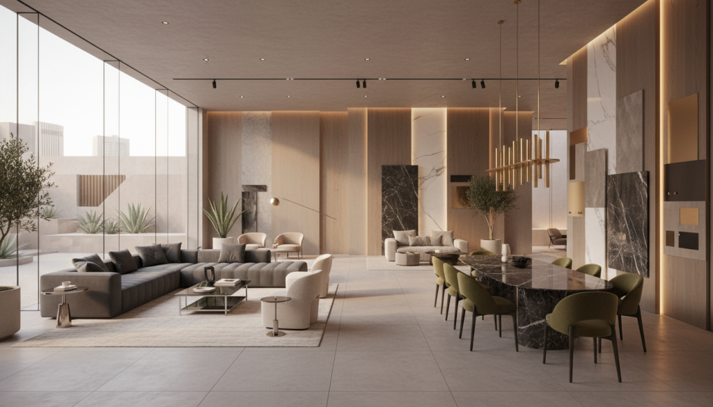 Luxury furniture showroom in Lahore with curated furniture and material samples