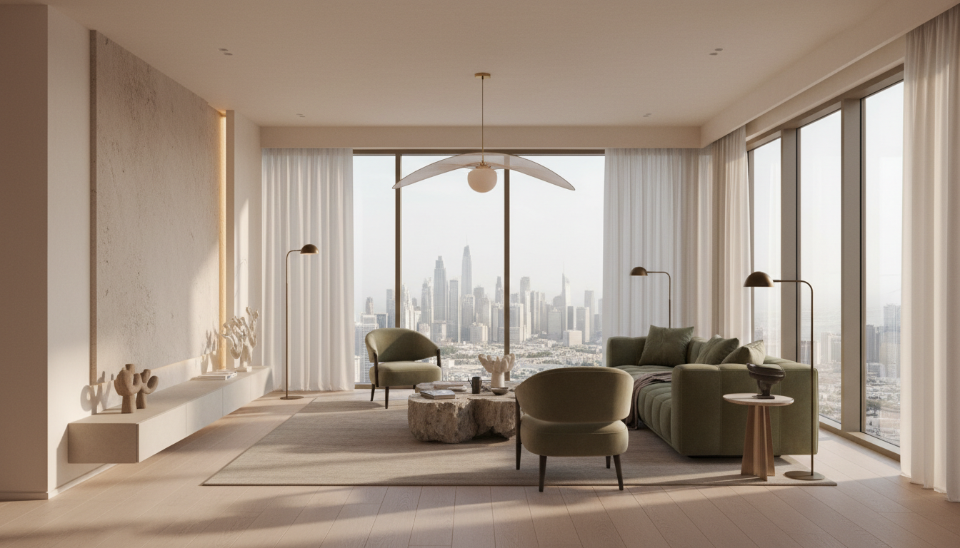 Modern Dubai luxury living room showing warm neutral and earthy color palette with elegant natural lighting