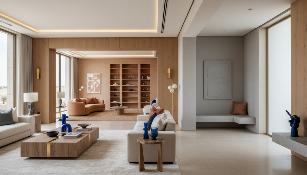 Modern Lahore interior showcasing multiple luxury color palettes in one cohesive space