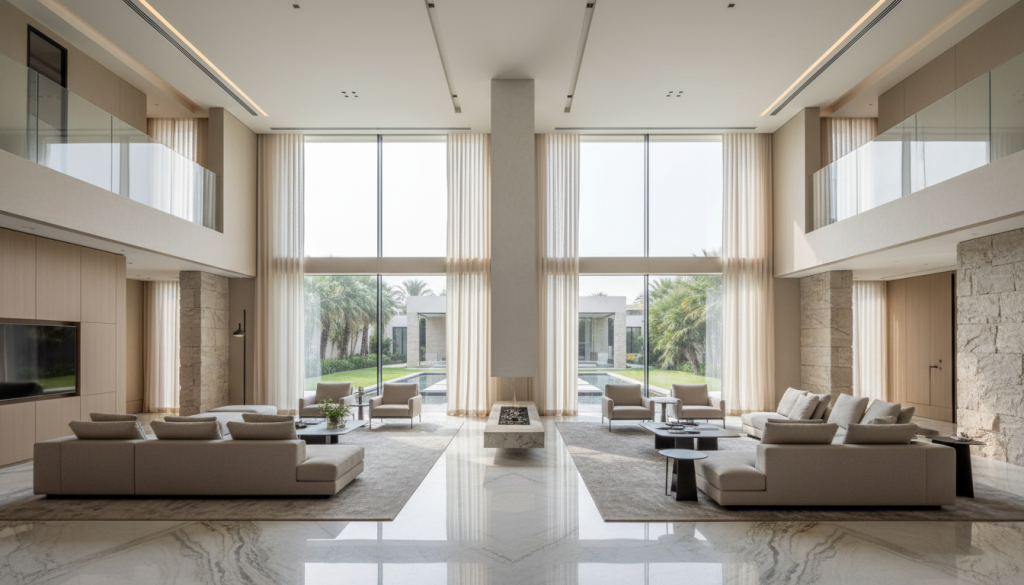 Modern luxury Dubai villa interior showing open-plan living space with natural light, marble flooring, and minimalist high-end design.