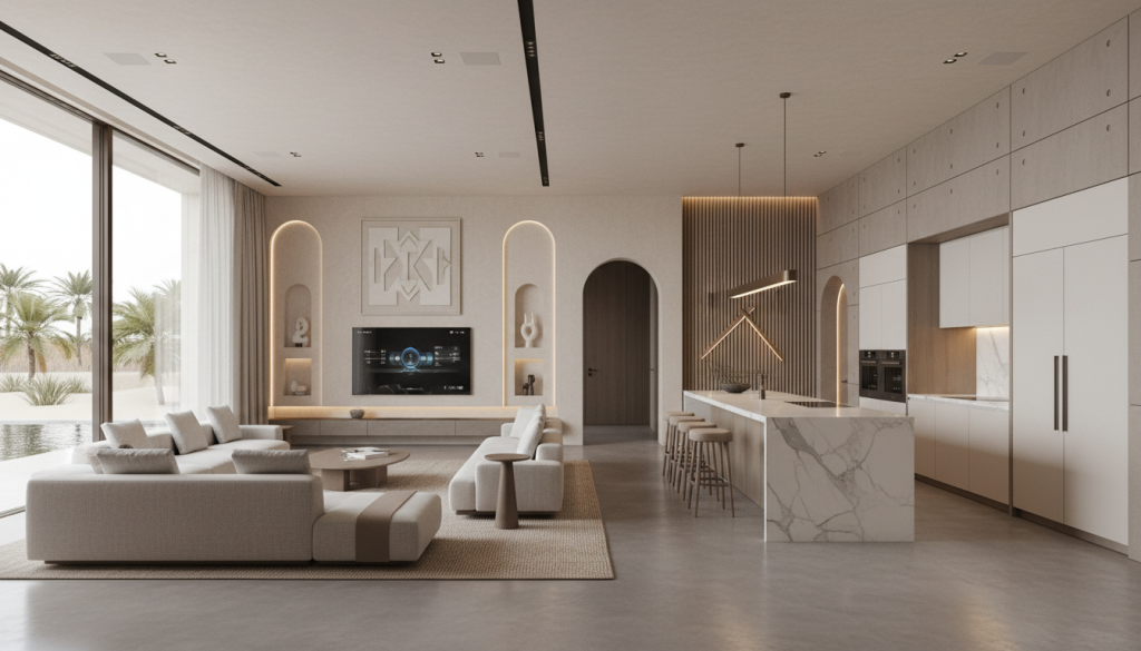 Modern Dubai villa interior combining Scandinavian, Italian, and Middle Eastern design influences in a seamless luxury space