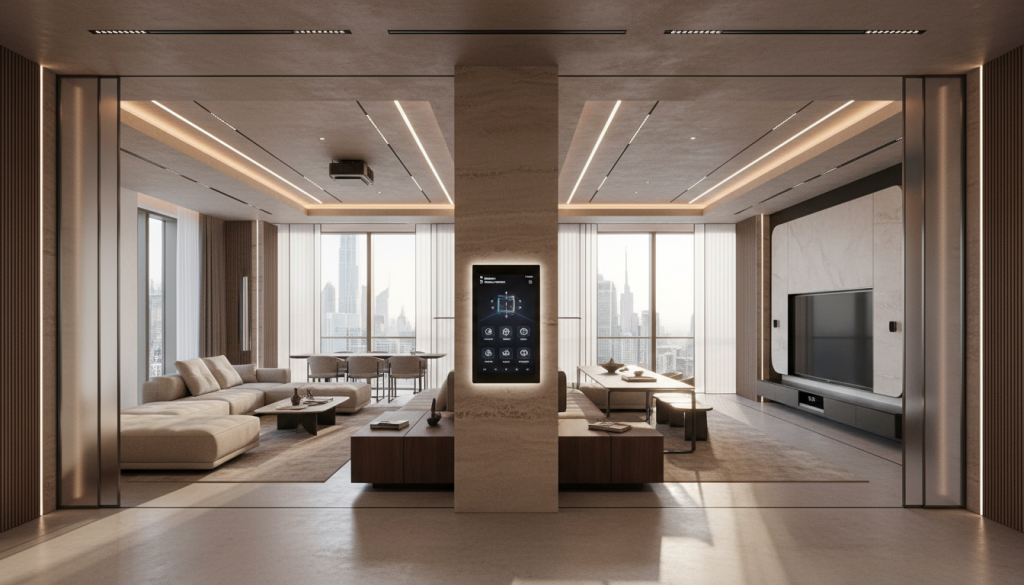 Smart multifunctional Lahore apartment interior with transformable living and dining spaces using integrated lighting and architecture