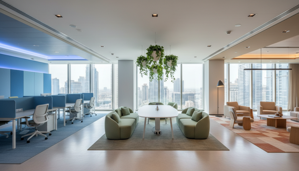 Modern Lahore office interior showing color-based zoning to improve mood and productivity