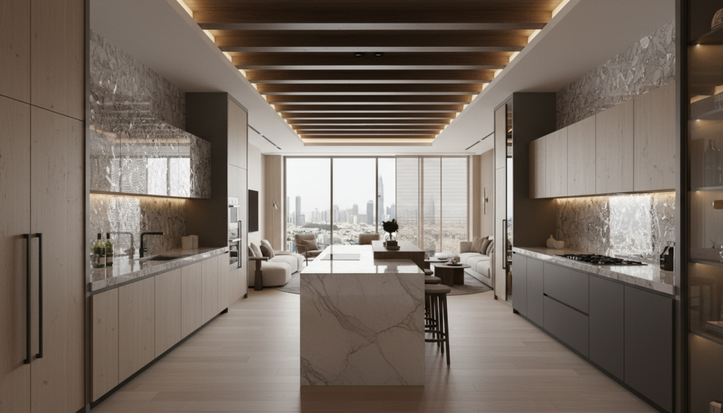 Modern Lahore kitchen with recycled glass countertops and sustainable luxury design details