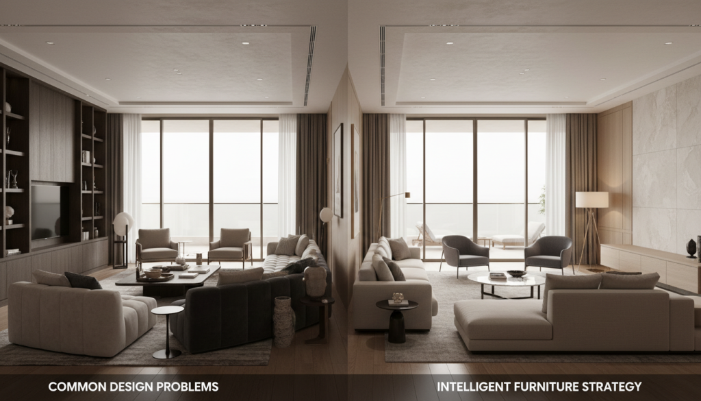 Comparison of cluttered vs well-planned Lahore home interiors showing furniture strategy impact on space efficiency