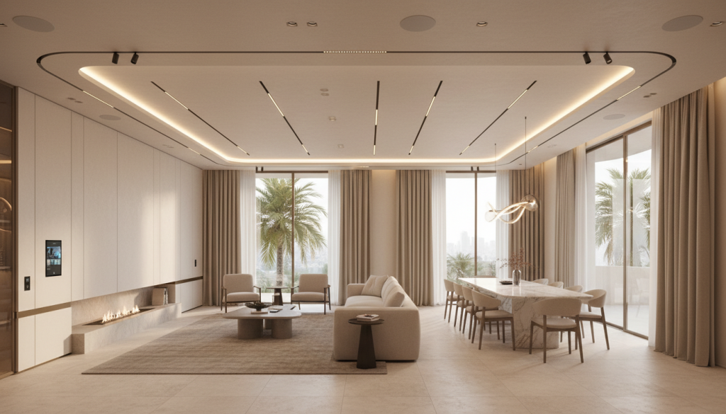 Luxury Lahore villa interior with integrated smart lighting and automated home systems in a modern open layout