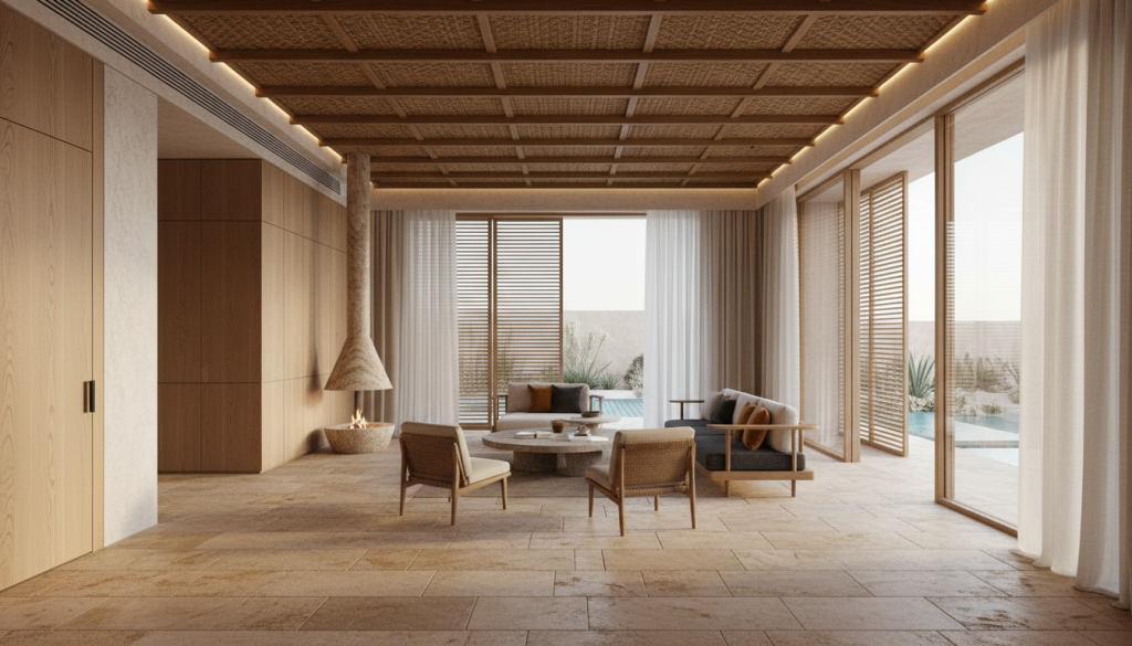 Eco-friendly Lahore villa interior showing climate-responsive sustainable materials and natural cooling design, eco-friendly materials Lahore