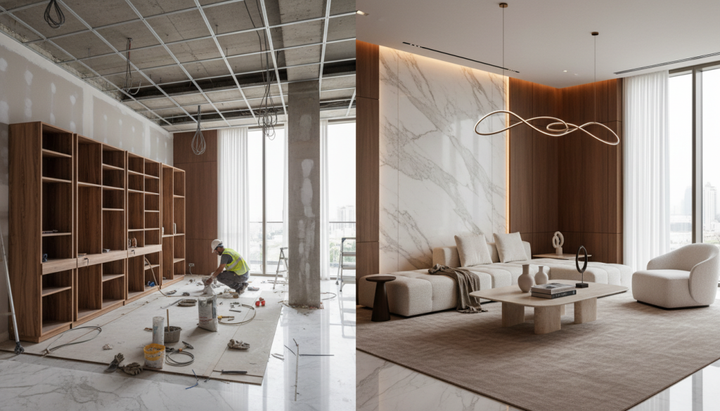 Lahore villa interior showing transition from construction execution to fully styled luxury finished space