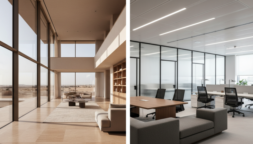 Modern Lahore villa interior and office workspace showing different design approaches and outcomes