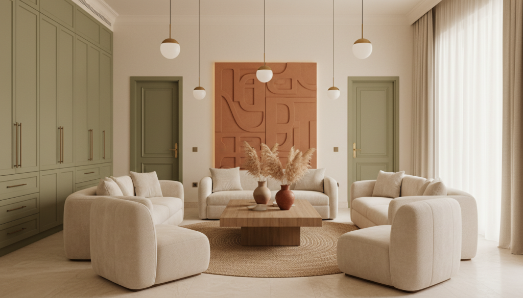 Luxury Lahore interior using olive green and terracotta accents to add warmth and emotional depth