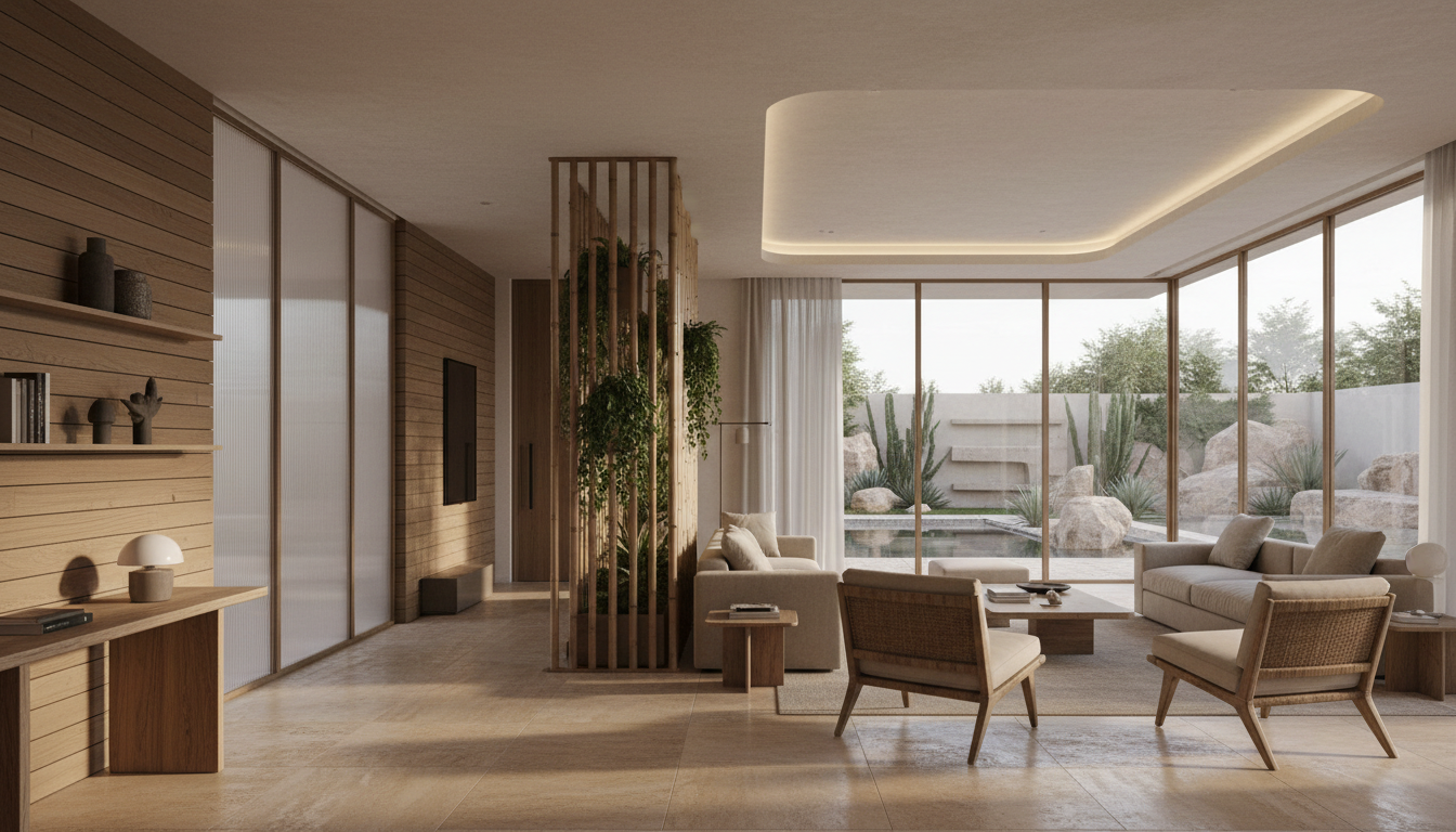 Modern eco-friendly luxury Dubai villa interior featuring sustainable materials, natural light, and minimalist design.