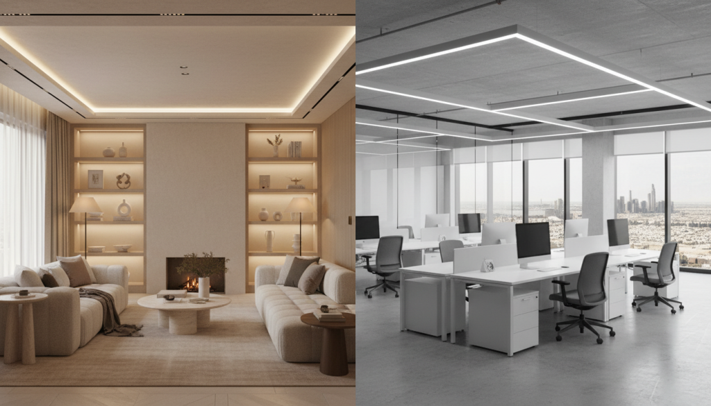 Contrast between warm residential living room in Lahore and structured office interior design, residential vs commercial interior design Lahore