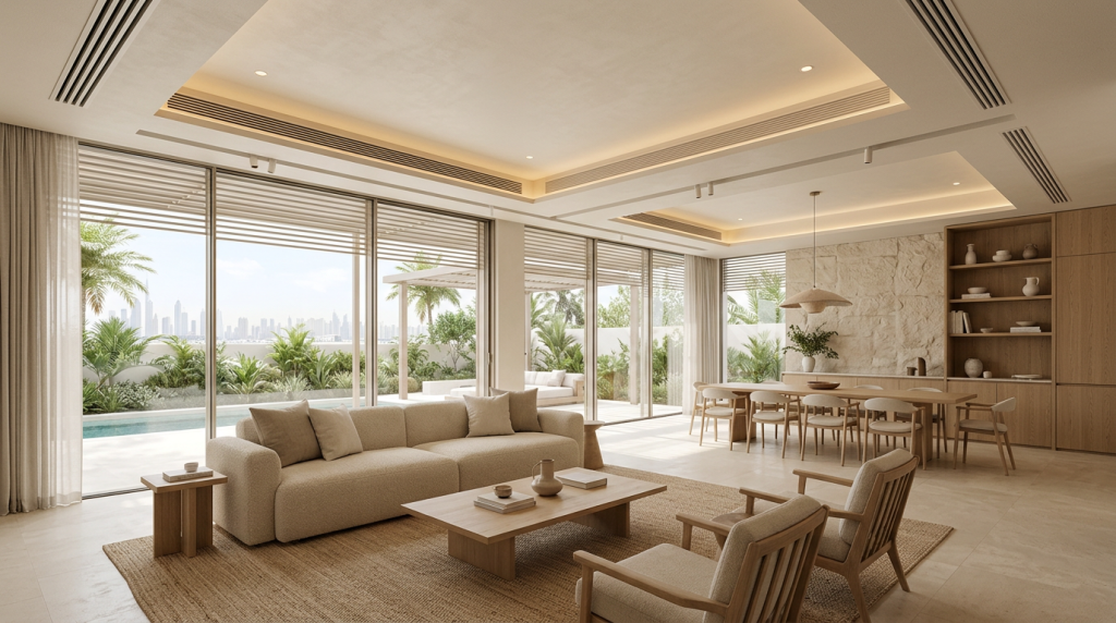 Modern Dubai villa interior designed for energy efficiency with natural light control, smart shading, and sustainable luxury materials