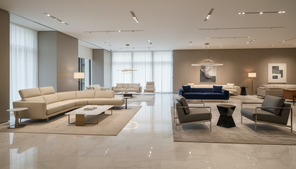 Ultra-luxury imported furniture showroom with premium designer interiors and minimalist elegance