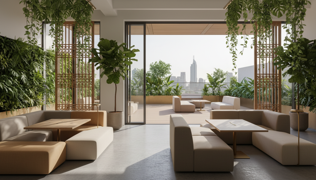 Flexible modern Lahore office connected to outdoor terrace workspace with biophilic design elements