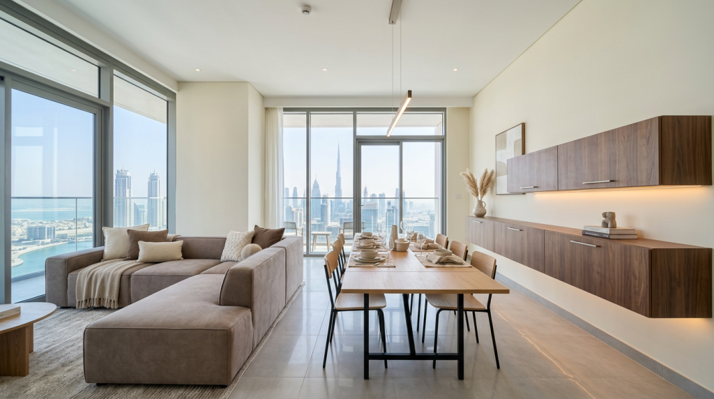 Modern Dubai apartment interior with multifunctional furniture and smart space-saving layout