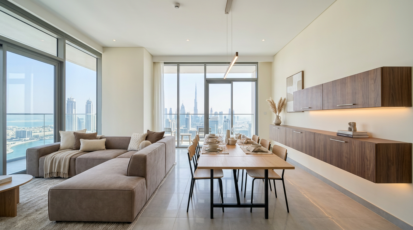 Modern Dubai apartment interior with multifunctional furniture and smart space-saving layout