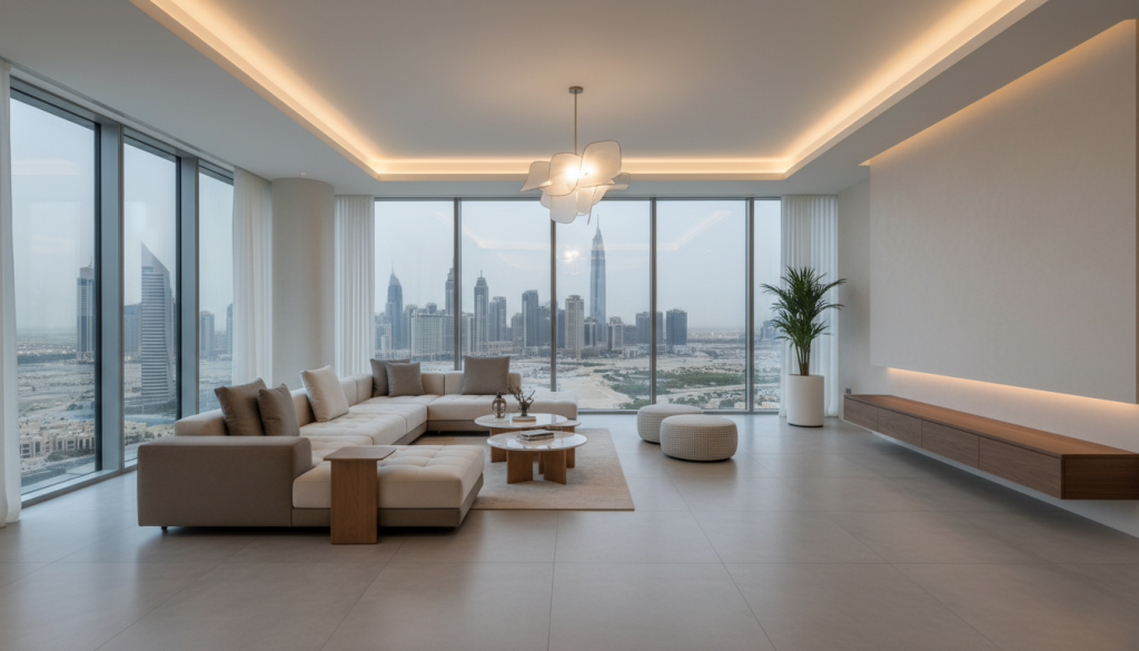 Modern Lahore living room with functional furniture layout and clear movement flow, functional furniture solutions Lahore