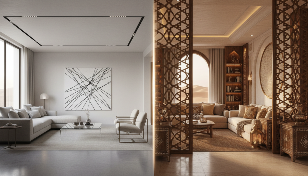 Global interior design approach compared with culturally adapted Lahore home interior layout