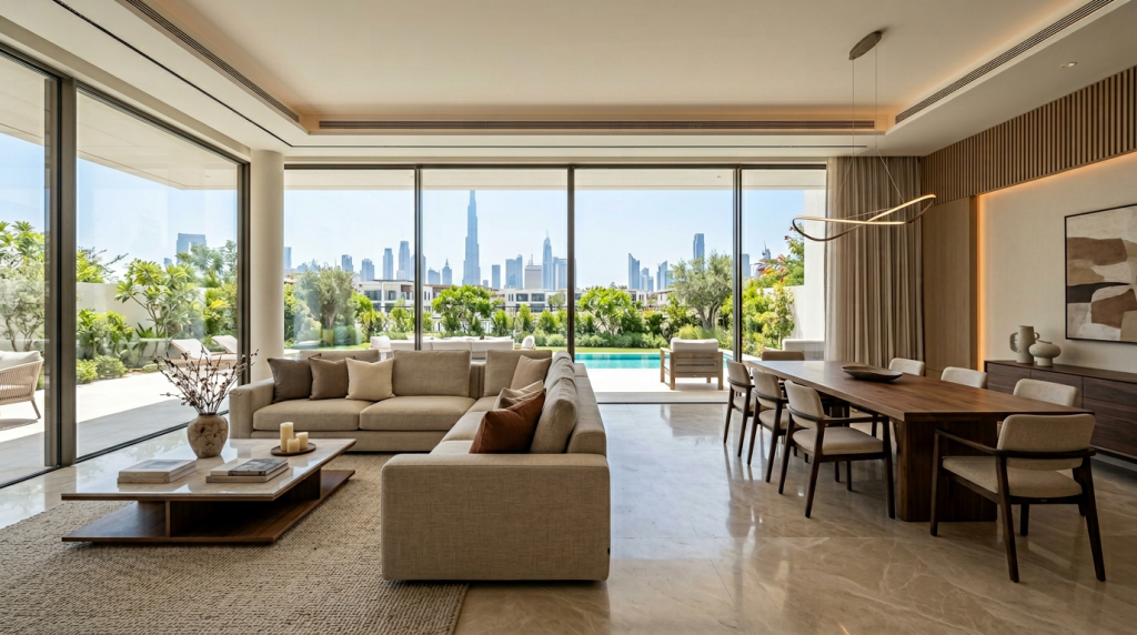 Modern luxury villa interior in Dubai with open-plan living space, natural light, and premium minimalist design aesthetic