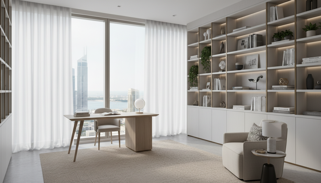Well-planned home office layout in Lahore with desk near window and integrated shelving