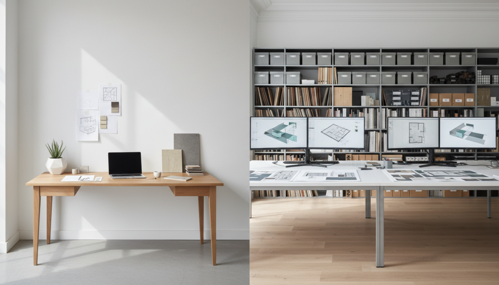 Comparison between independent interior designer workspace and professional design firm studio in Dubai.