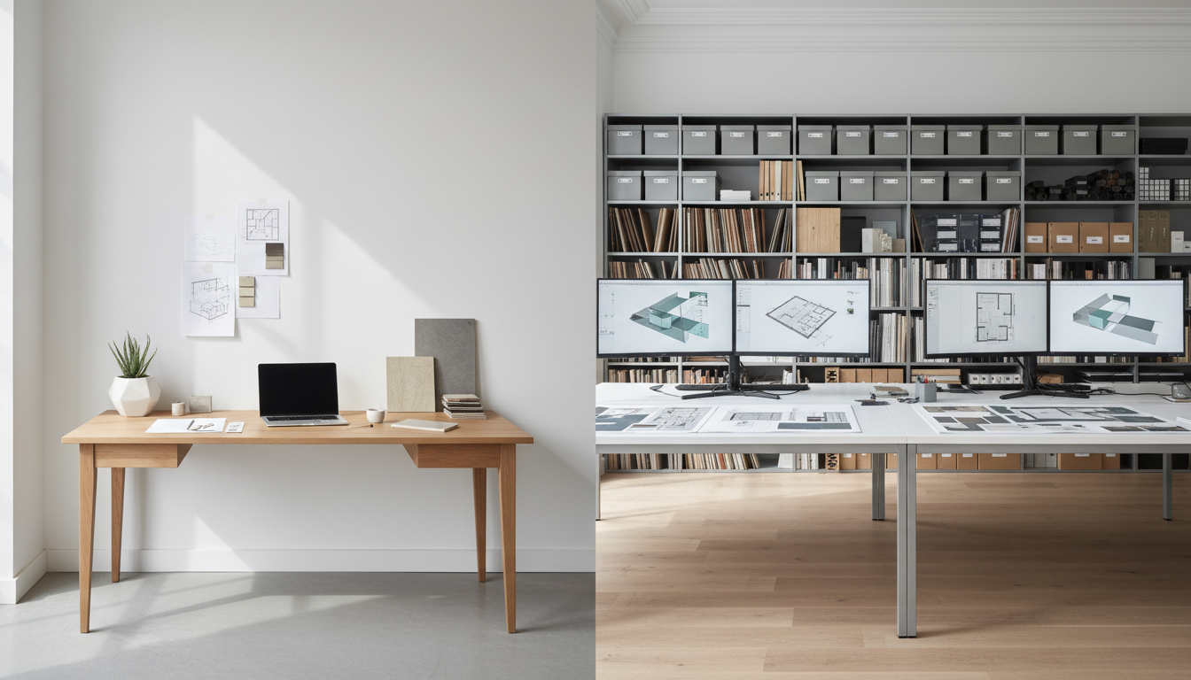 Comparison between independent interior designer workspace and professional design firm studio in Dubai.