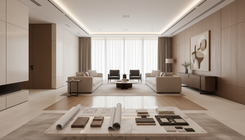 Luxury Dubai interior with architectural plans and material samples representing interior design budgeting and planning process