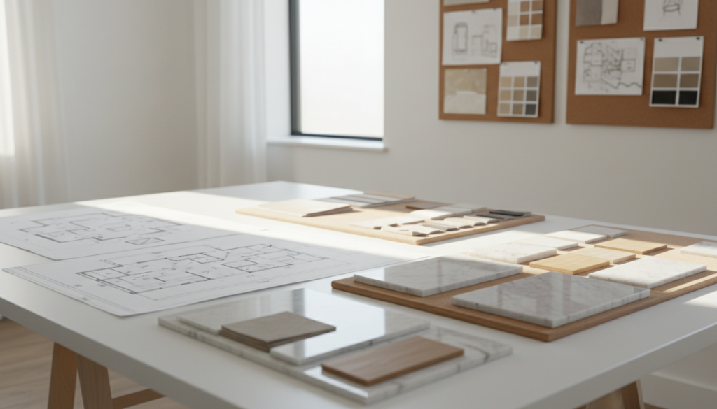 Interior design planning workspace in Lahore with layout drawings and furniture selection materials