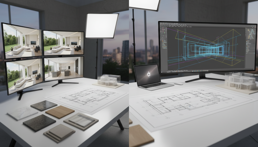 Interior design process workflow in Lahore studio showing 3D design, floor plans and material selection